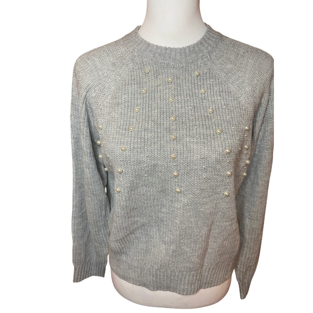 French Connection Women’s Pearl-Embellished Gray Knit Sweater Size XS Coquette